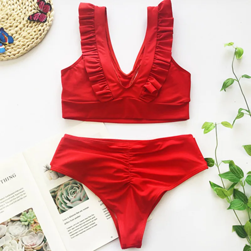 2020 New Female Split Swimsuit Sexy Ruffle Bandage Bikini V-neck High Waist Thong Bathing Suit Summer Beach Clothes Swim Suits