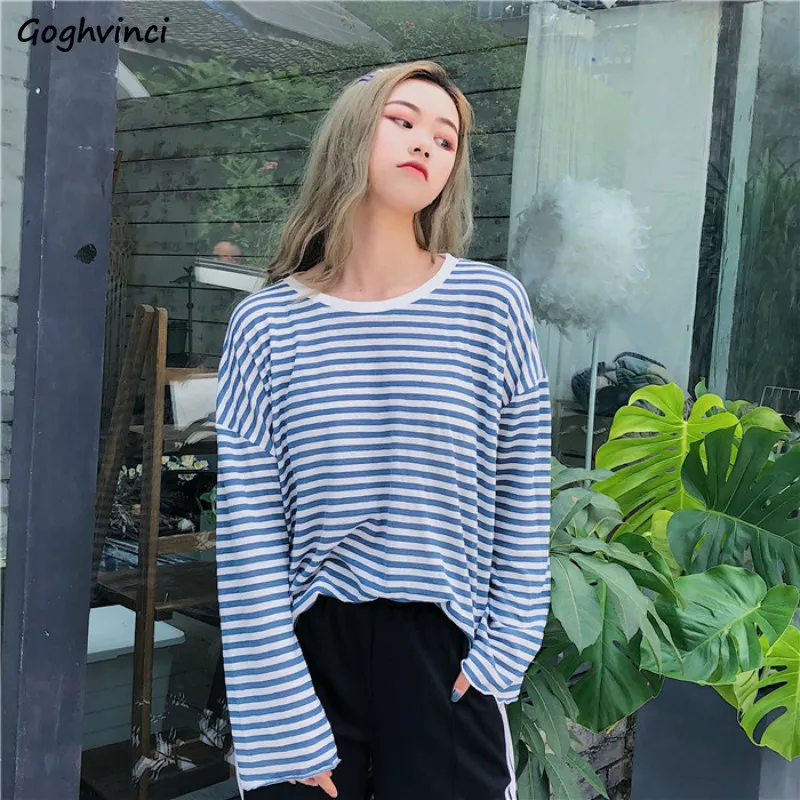 

T-shirts Women Stripe T-shirt Spring Autumn Long-sleeved Loose Womens Simple O-Neck All-match Trendy Ladies Tees Casual Daily