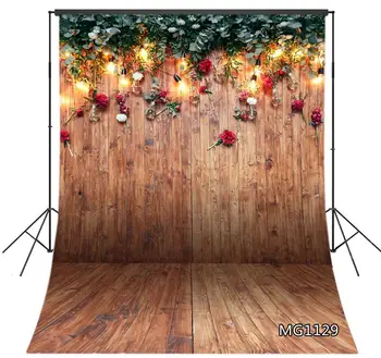 

LB Wood Plank Photo Background Photo Studio Red Flowers Garlands and Light Bulbs Photography Backdrops Rustic Wedding Photo Zone