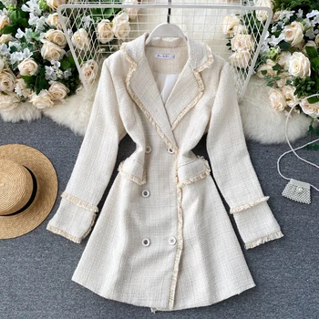 

Women's Notched Collar Tassel Dress Autumn Winter Double Breasted Long Sleeve Beige/Black Mini Dresses Female Veastidos New 2020