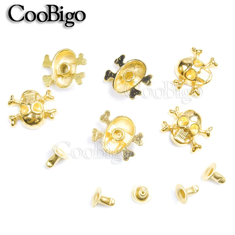 Golden 50 шт., заклепки с черепами и перекрестными костями, шипы, панк, 12x14,5 ММ, сделай сам, кожа, ремесло, для одежды, одежды, обуви, сумки, запчасти, аксессуары - Цвет: Golden