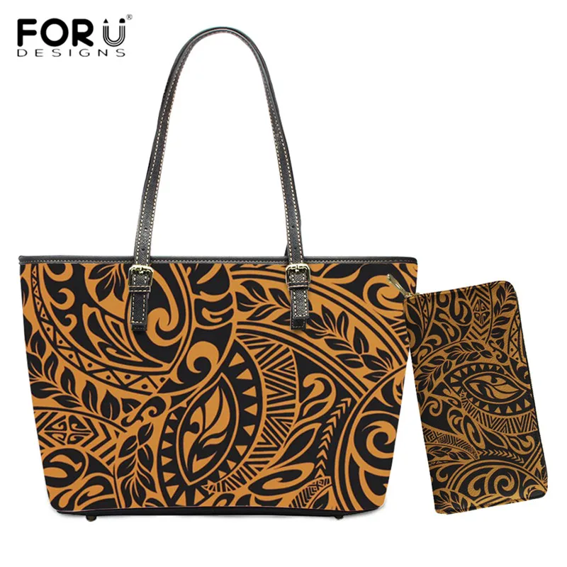 

FORUDESIGNS Ethnic Tribe Design Luxury Shoulder Bags 2pcs/set African Flower Purse Wallets for Women Travel Handbags PU Leather