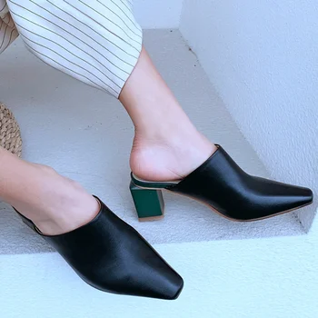 

karinluna 2020 brand new square high heels summer genuine leather skin shoes women mules slipper pumps