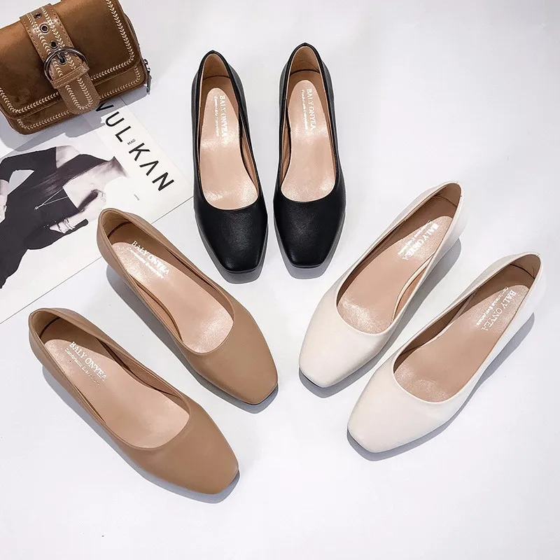 Women Loafers Simple PU Leather Slip-on Shoes Round Toe Mid Heel Ladies Party Student Shoes Pumps Moccasins chaussures femme