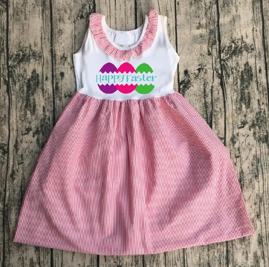Новое поступление; пасхальное платье для маленьких девочек; сезон весна-лето; детская одежда; розовое хлопковое платье без рукавов с рисунком кролика и яйца; длина до колена