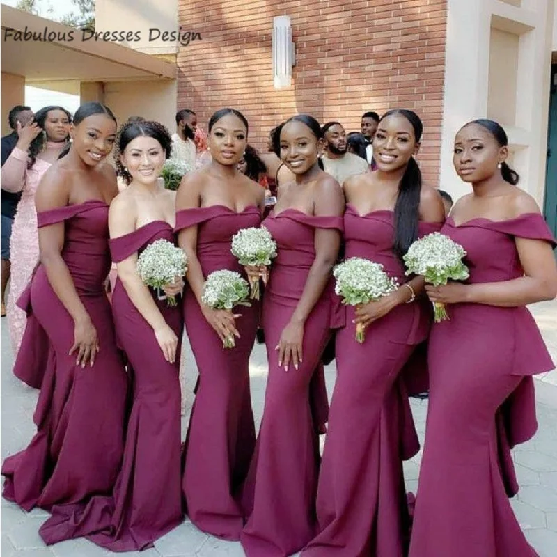 

2020 Off Shoulder Mermaid Bridesmaid Dresses Long Sweep Train African Nigerian Wedding Party Dress Vestido De Fiesta De Boda