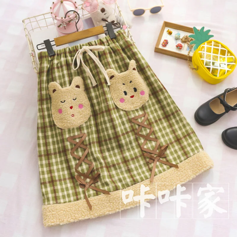 Японский Mori Girl эластичный пояс заплатка "медведь" карман юбки Лолита плед лук трапециевидной формы юбка Famale Saia - Цвет: 2