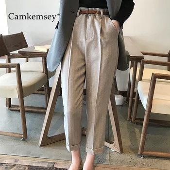 

CamKemsey Korean Solid Office Lady Casual Suit Pants 2020 Spring Autumn Vintage High Waist Ankle Length Straight Trousers