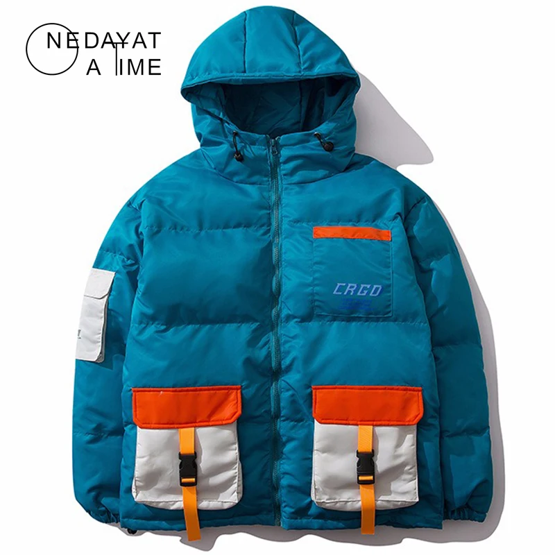 

Winter Streetwear Ribbon Pockets Color Block Patchwork Hooded Puffer Jackets Men Hip Hop Cotton Padded Parkas Coat Outwear Men