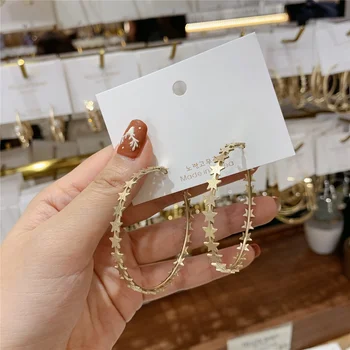 

MENGJIQIAO Fashion Temperament Metal Star Gold Color Big Hoop Earrings For Women Party Elegant Circle Boucle D'oreille Jewelry