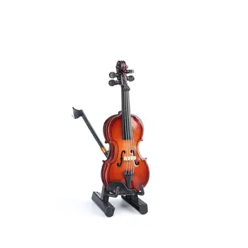 

Mini Violin Dollhouse Miniature Musical Instrument Wooden Model Decor with Bow, Stand Support and Case