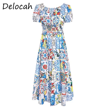 

Delocah Women Fashion Autumn Designer Midi Dress Sexy Slash neck Ruffles Elastic Waist Printed Ladies Party A-Line Dresses 2020