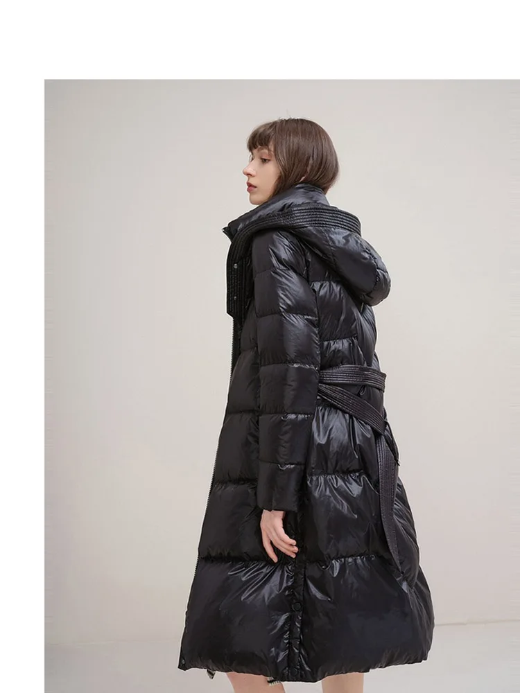 Hooded women's down jacket puffer warm jacket zippered belt long sleeved jacket S-10XL
