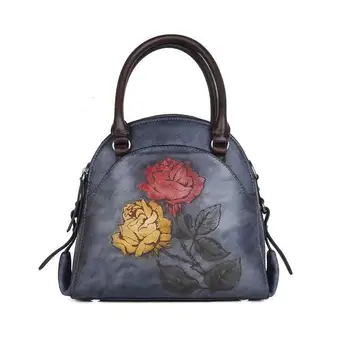 

tote bag New Women Handbags First layer cowhide large capacity hand-painted flowers female retro diagonal shoulder Messenger Bag