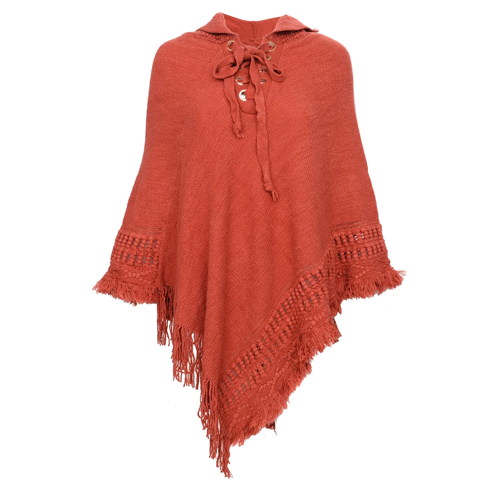 2019New Ladies Hooded Poncho Solid Color Cape With Rope Tassel Crochet Knitting Poncho For Women Pullover