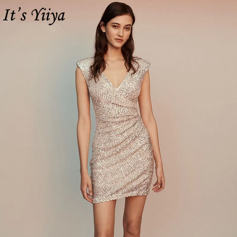 

It's YiiYa Dress Prom Sleeveless V-Neck Straight Tank Prom Dresses 2020 Sequined Mini Plus Size Vestidos De Gala K087