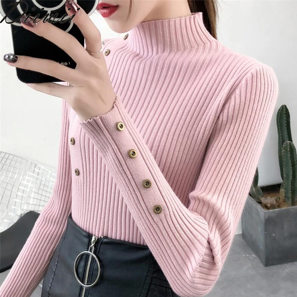 

Diiwii Turtleneck Women Autumn Slim Sweaters Solid Knitted Female Cotton Soft Elastic Color Pullovers Button Full Sleeve