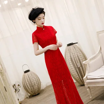 

Mermaid Long Young Lady Short Sleeve Cheongsam Vestidso Sexy High Split Evening Party Gown Elegant Mandarin Collar Qipao