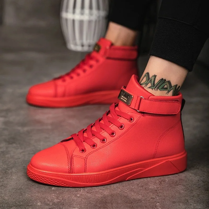

Black Red Men Lace Up Ankle Boots Flats Shoes High Top l Shoes Men's Vulcanize senakers Walking Shoes SY-64