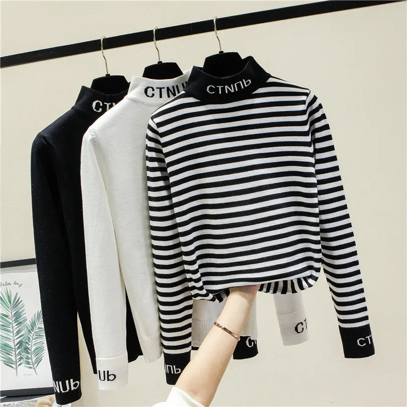 

Taotrees Autumn Women Turtleneck Full Sleeve Pullovers Lady Winter Solid Color Letter Print Striped Thin Short Sweaters Clothing