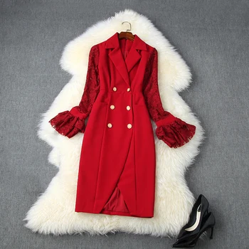 

HIGH STREET New Fashion 2020 Designer Runway Dress Women's Long Sleeve Lace Patchwork Notched Collar Dress