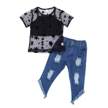 

1-6Y Summer Toddler Kids Baby Girls Clothes Star Printed Tops Vest Mesh See through T-Shirt Denim Pants Outfits 3PCS