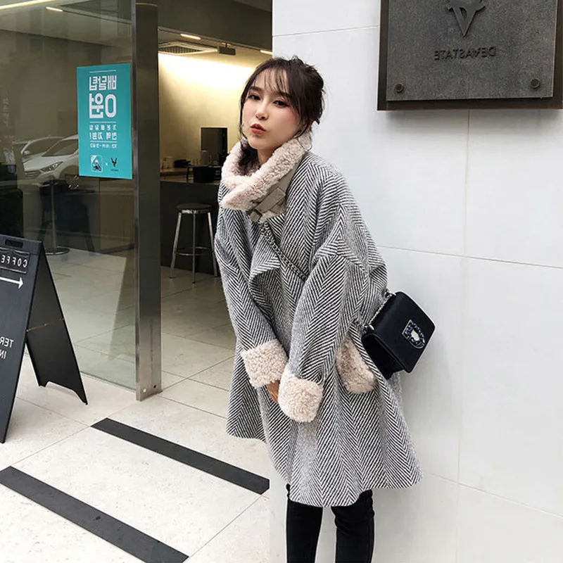 

LANMREM 2019 Autumn And Winter New Fashion Retro Stripes In The Long Section Thickening Loose Warm Cloak Woolen Coat PB421