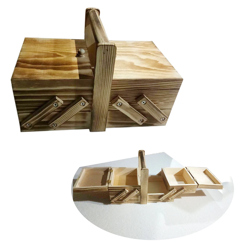 Многослойный портативный домашний дорожный Органайзер с ручкой, большой емкости, швейная коробка, потрепанная винтажная деревянная коробка для хранения - Цвет: Wood
