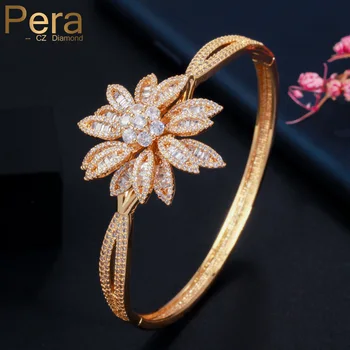 

Pera High Quality Cubic Zirconia Setting Indian Style Yellow Gold 3D Flower Round Bracelet Bangle for Wedding Women Jewelry Z052