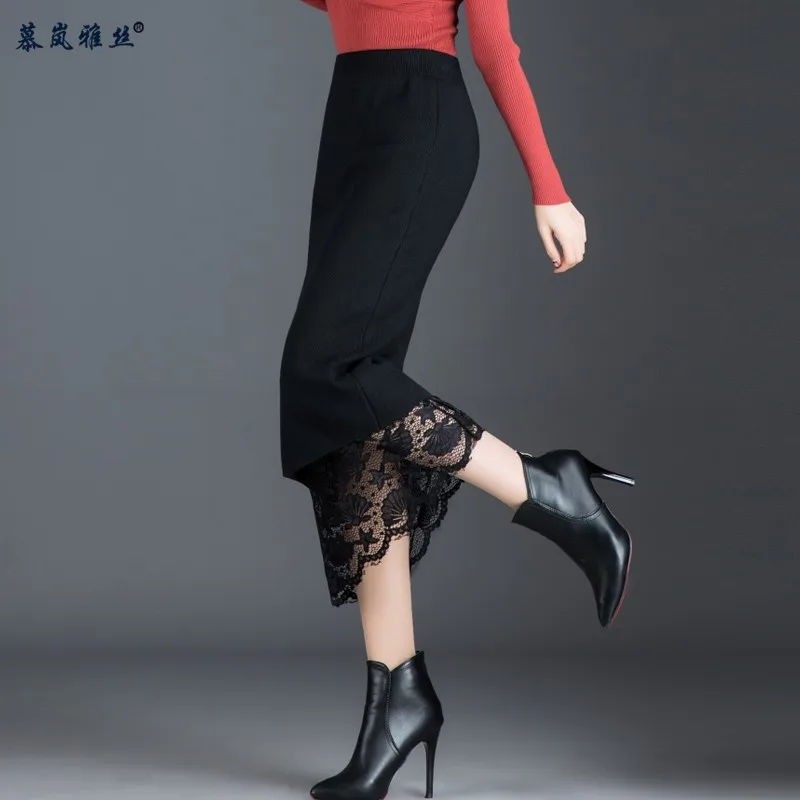 

Reversible Lace Knitted Skirt Autumn And Winter Women's Mid-length Skirt Slit Straight-Cut Double Layer Yarn Skirt Winter