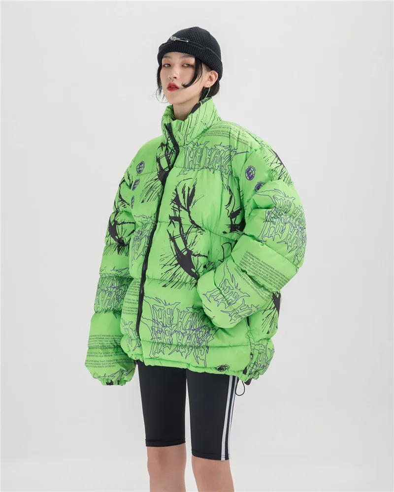 Модные куртки и пальто с принтом в стиле Харадзюку, мужская верхняя одежда на молнии со стоячим воротником, зимняя уличная куртка-бомбер, теплые парки