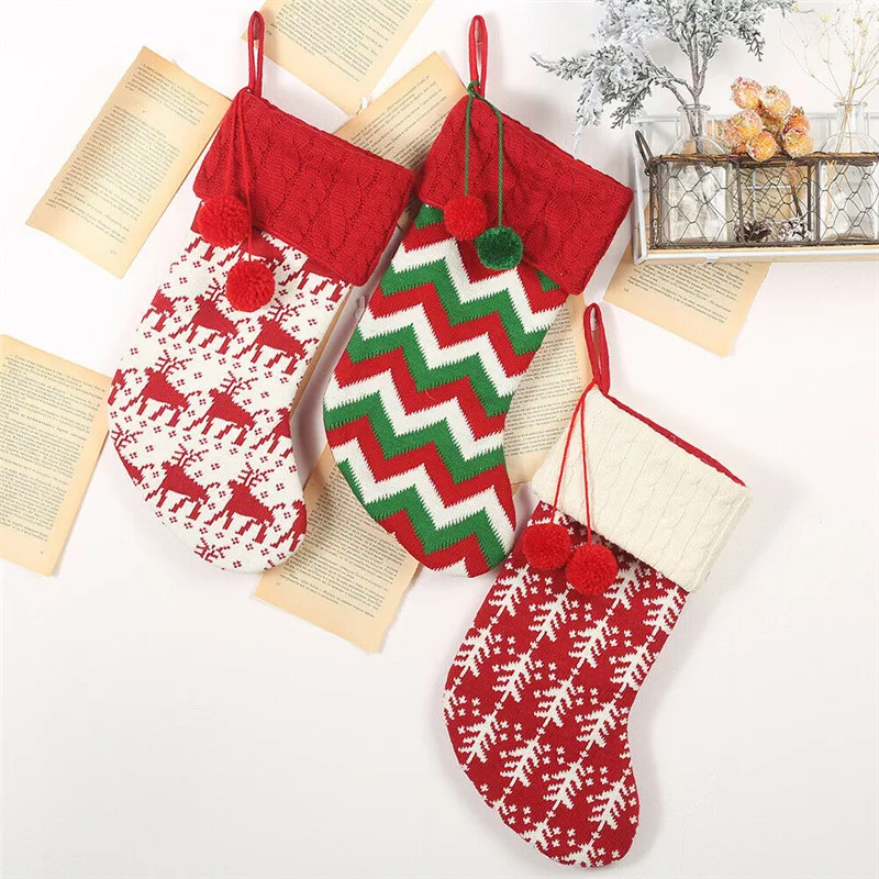 Luxury Christmas Stocking Wool Knitted Traditional Santa Presents Merry Xmas Candy Gift Bag Pendant Ornaments