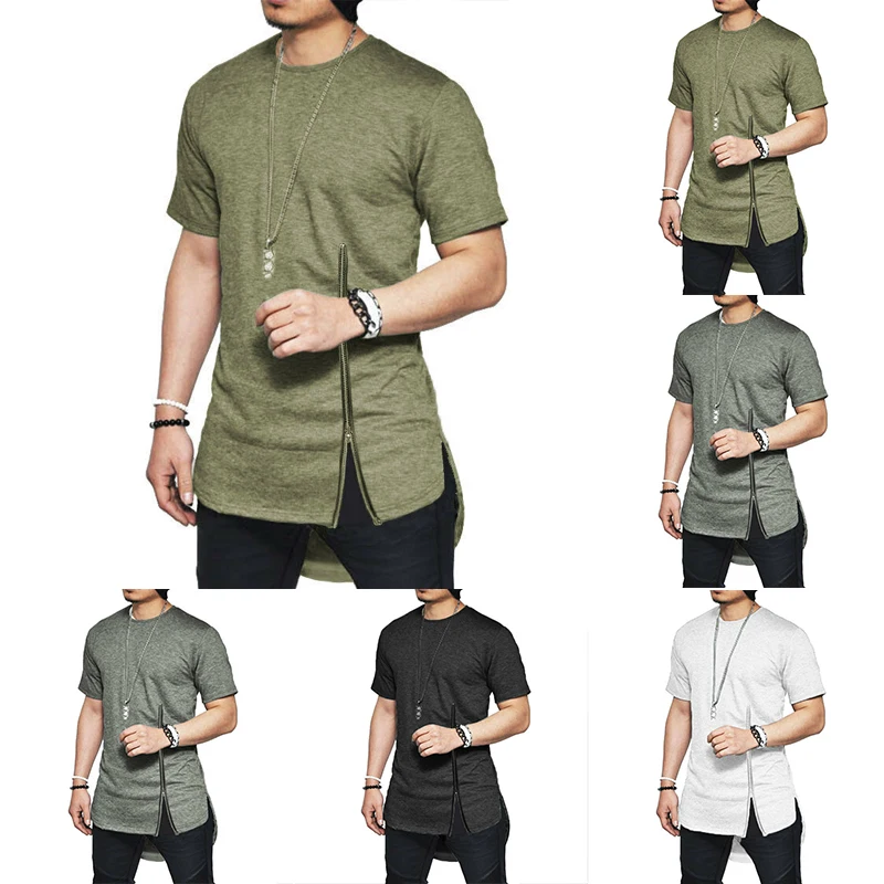 Summer Mens Solid T-shirt Short Sleeve Zipper Slim Tee Men Fashion Crew Neck Longline Oversized Plain Tops Casual Daily 4 Color