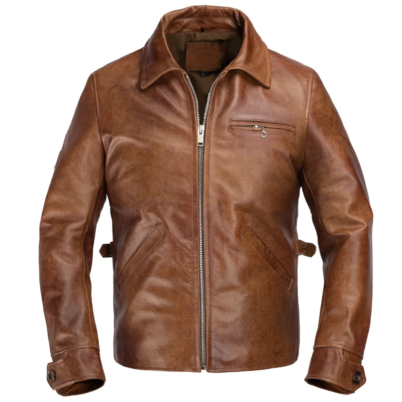 Ретро коричневый Американский Повседневный стиль кожаная куртка плюс размер XXXL Натуральная Воловья кожа осеннее тонкое кожаное пальто