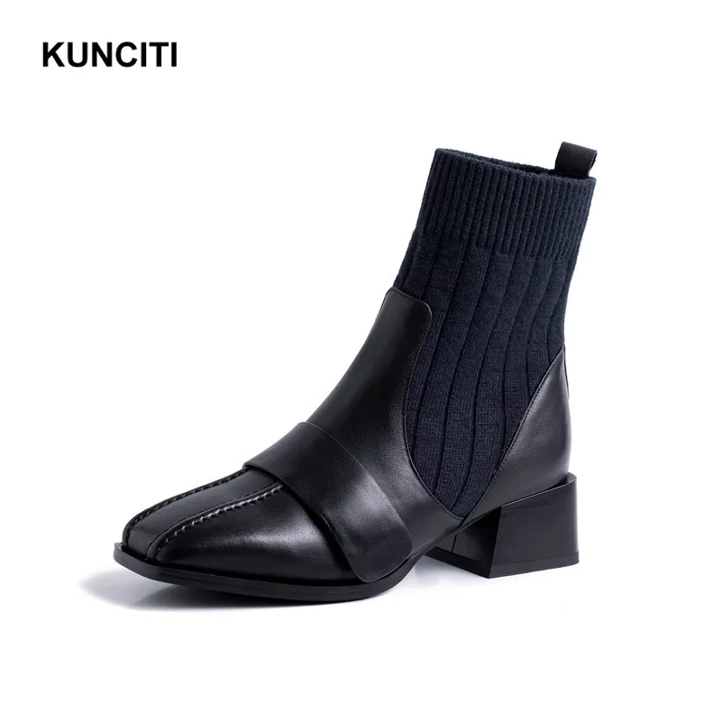 KUNCITI/ элегантные женские сапоги-носки; женская обувь; сезон осень; винтажные растягивающиеся сапоги с квадратным носком; новая модная обувь; женские сапоги; D966