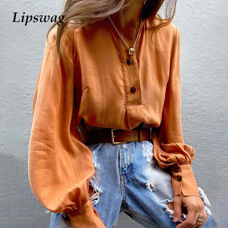 

Women 2020 Spring Office Lady Button Basic Shirts Blouse New Summer Puff Long Sleeve Solid Color Tops Elegant Blusa Mujer Femme