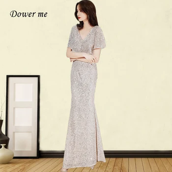 

Evening Dresses GK024 Short Sleeve Elegant Robe De Soiree Mermaid V-neck Evening Dress Silver Sparkling Long Formal Gowns