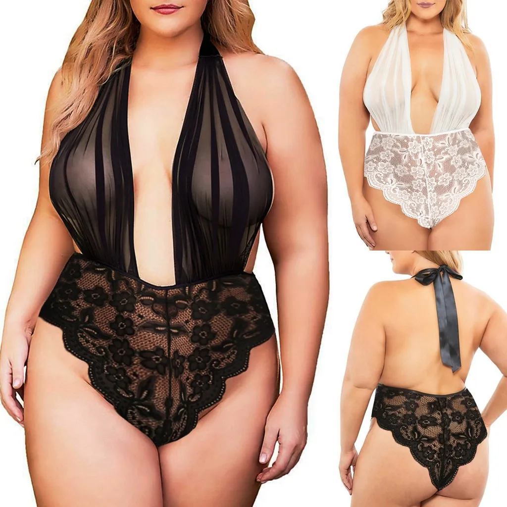 

Lenceria Sensual Mujer Pajamas Women Lace Deep V-Neck Teddy Bodysuit Halter Backless Jumpsuit Sexy Lingerie Set Plus Size