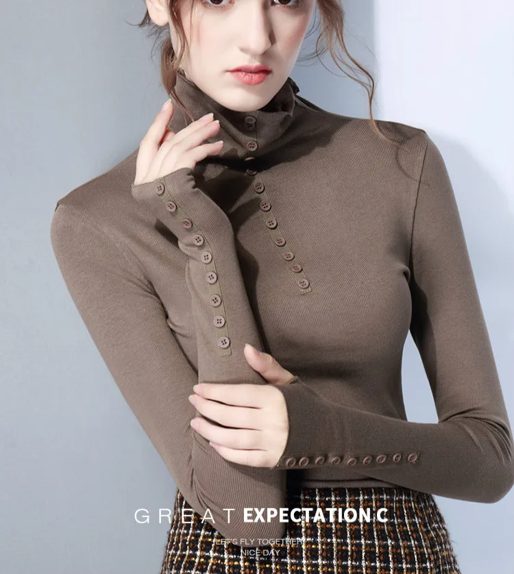 Baratos 2019 Otoño Invierno de manga larga de cuello alto negro de algodón Camisetas Mujer botón trabajo negro camisetas mujeres Sexy Body negro camisetas