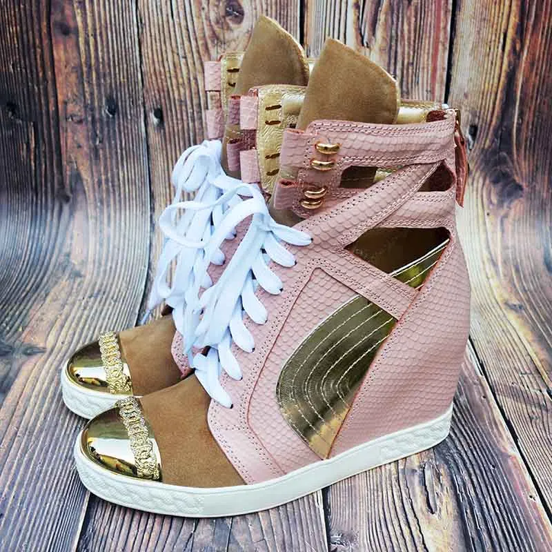 

2019 Genuine Leather Women Wedges Sneakers Fashion Design Height Incresing Metal Toe Lace Up Shoes Platform Casual Shoes Woman