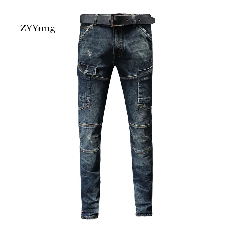 

ZYYong High Quality Straight Tooling Jeans Men's Business Style Casual Classic Style Fashion Denim Trousers Retro Blue Pants
