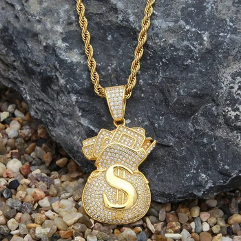 

Secret Boy Classic US Dollar Money Bag Pendant With Stainless Steel Chain Gold Bling Cubic Zircon Men's Hip Hop Necklace Jewelry