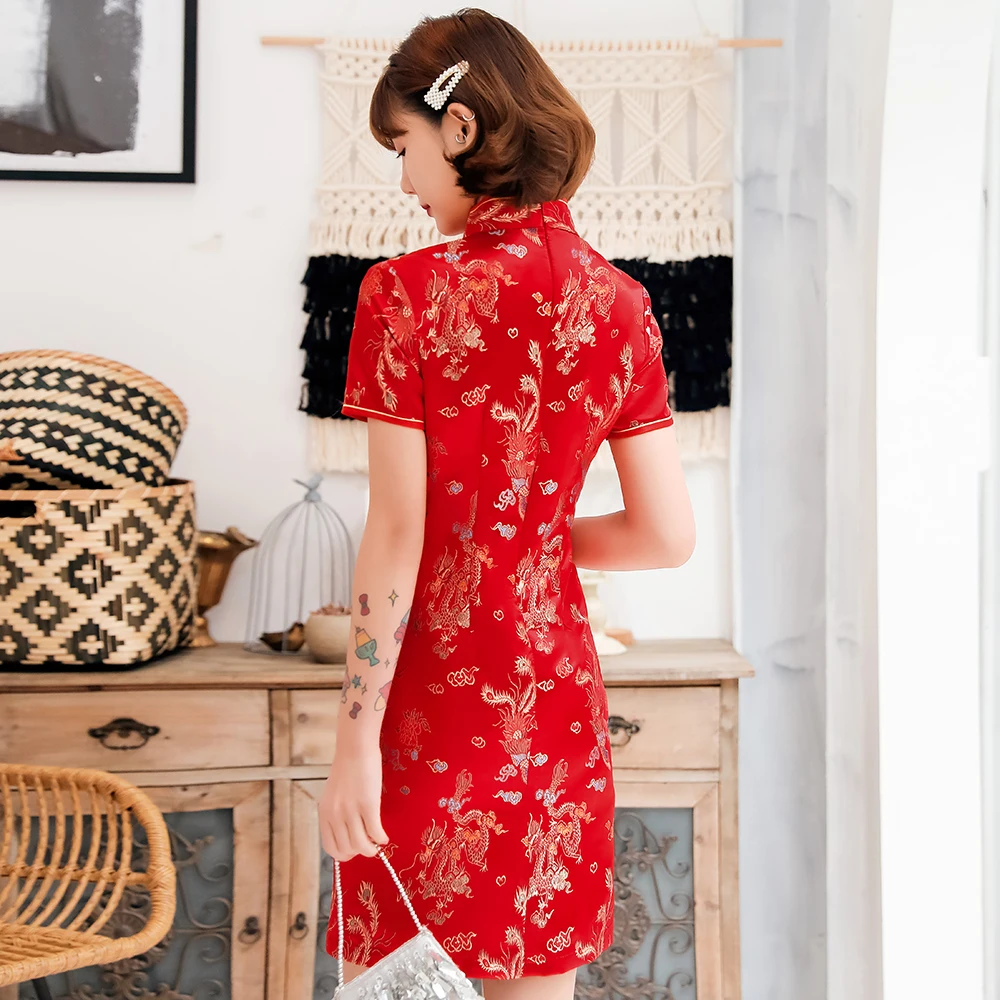 Knit Dragon Novelty Satin Chinese Dress Women Red Classic Mandarin Collar Short Cheongsam Vestidso Qipao Evening Party Gown