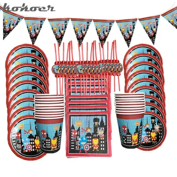 

75ps/lot Superhero Birthday Party Decorations Batman Tablecloth Cup Napkin Iron Man Disposable Tableware Superman Party Supplies