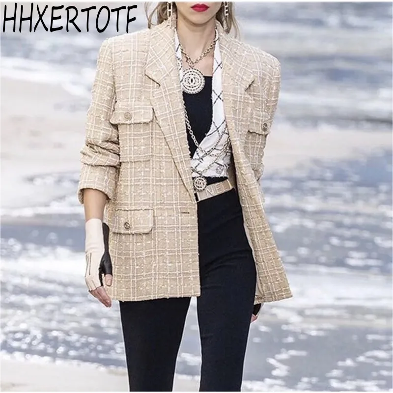 

2019 Autumn winter Cardigan Female checkered Tweed Coat Long Sleeve Elegant Loose Fashion Women Tops