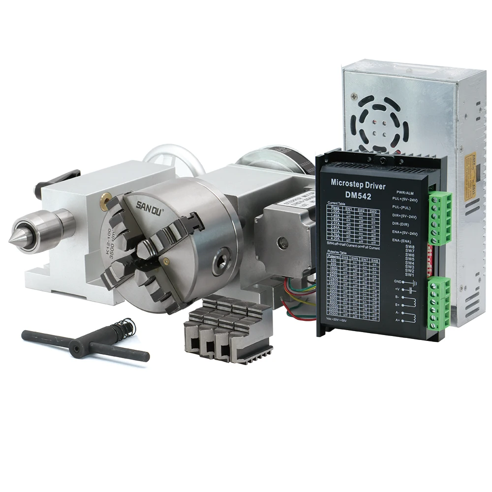 US $300.00 4th axis rotar Nema23 18Nm stepper motor ratio 61 K12100mm 4Jaw Chuckmt2 tailstockDM542 driver350w power supply for CNC