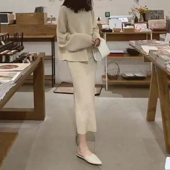 

Ladies Solid Sweater Skirt 2 Piece Set Women O Neck Long Sleeve Knitted Sweater Skirt Suits Jumper Winter Outfits