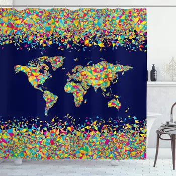 

Wanderlust Shower Curtain, World Map Organized by Mosaics Print Global Vibrant Colors, Cloth Fabric Bathroom Decor Set with