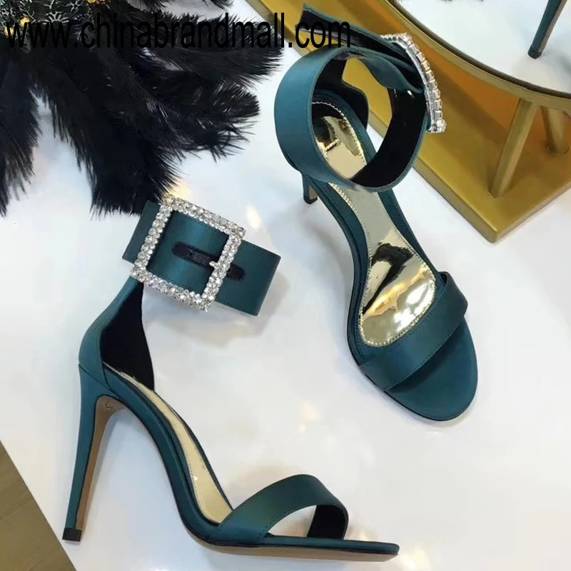 

Womans High Quality Sandals 2019 Green Peep Toe Sandals Black Rhinestone Sandals Open Toe Crystal Sandals