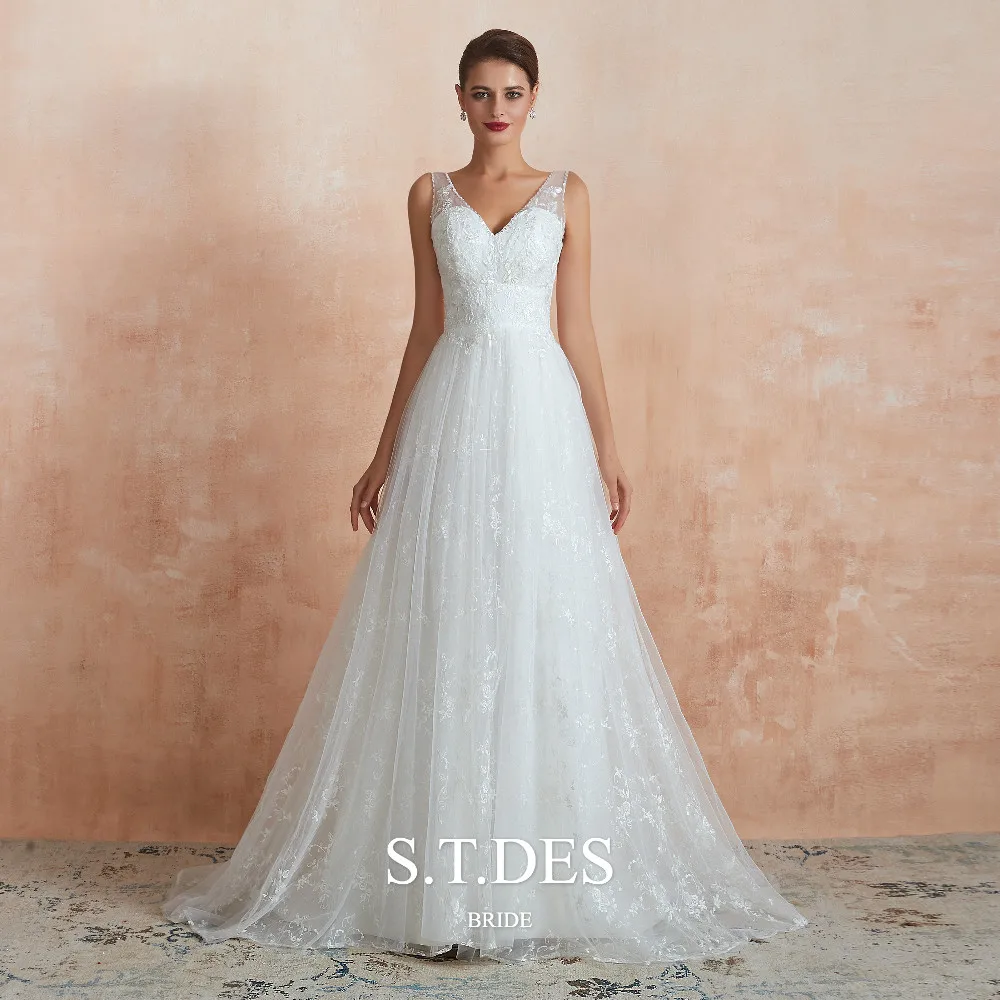 

2020 S.T.DES Elegant V-Neck Sleeveless Sequins Embroidery Tulle A-Line Dress Sweep Train Zipper Back Wedding Dress For Woman